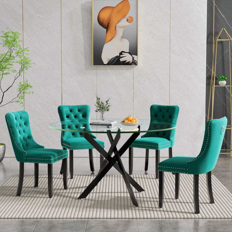 5 Piece Round Glass Dining Table Set for 4, Modern 47.25" Glass Kitchen Table, Tufted Velvet Upholstered Dining Chair, Circle Dining Table and Chairs Set for Dining Room