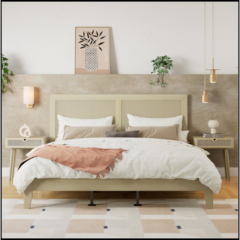 Solid Wood Platform Bed With Rattan, King
