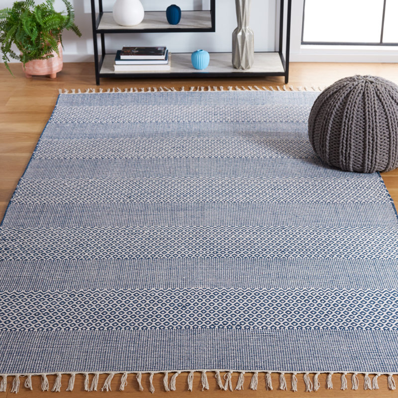 Tapis rayé ivoire / bleu marine en coton tissé à plat à la main Annia, Rectangle 5 pi x 8 pi
