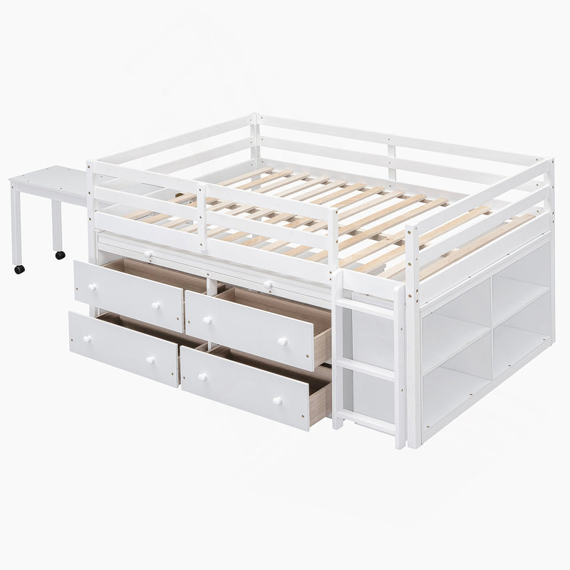 Lit mezzanine avec bureau d'écriture rétractable Keina, Double, Blanc
