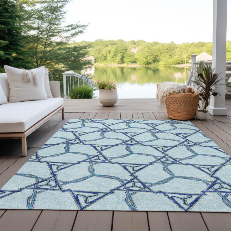 Sky Blue Geometric Synthetic Rectangular Indoor/Outdoor Rug 3x5