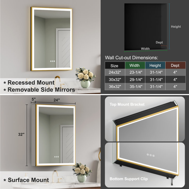 Gold Framed Lighted Medicine Cabinet with Mirror, Recessed/Surface, Plug-in/Hardwired, Outlets+USBs, 3 Colors/Dimmer/Inner Sensor Light/Defog, Left-hinged