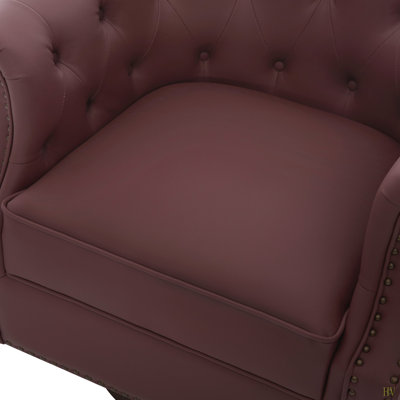Fauteuil d'appoint pivotant à 360 ° en similicuir rembourré avec dossier incurvé Fauteuil club pivotant avec conception capitonnée et base en bois cintré pour le salon et la chambre à coucher