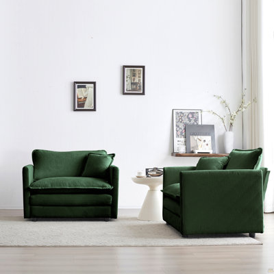 Accent Chair Set Of 2, High-End Chenille Upholstered Armchairs, Living Room Side Chairs With Toss Pillow, Green Chenille