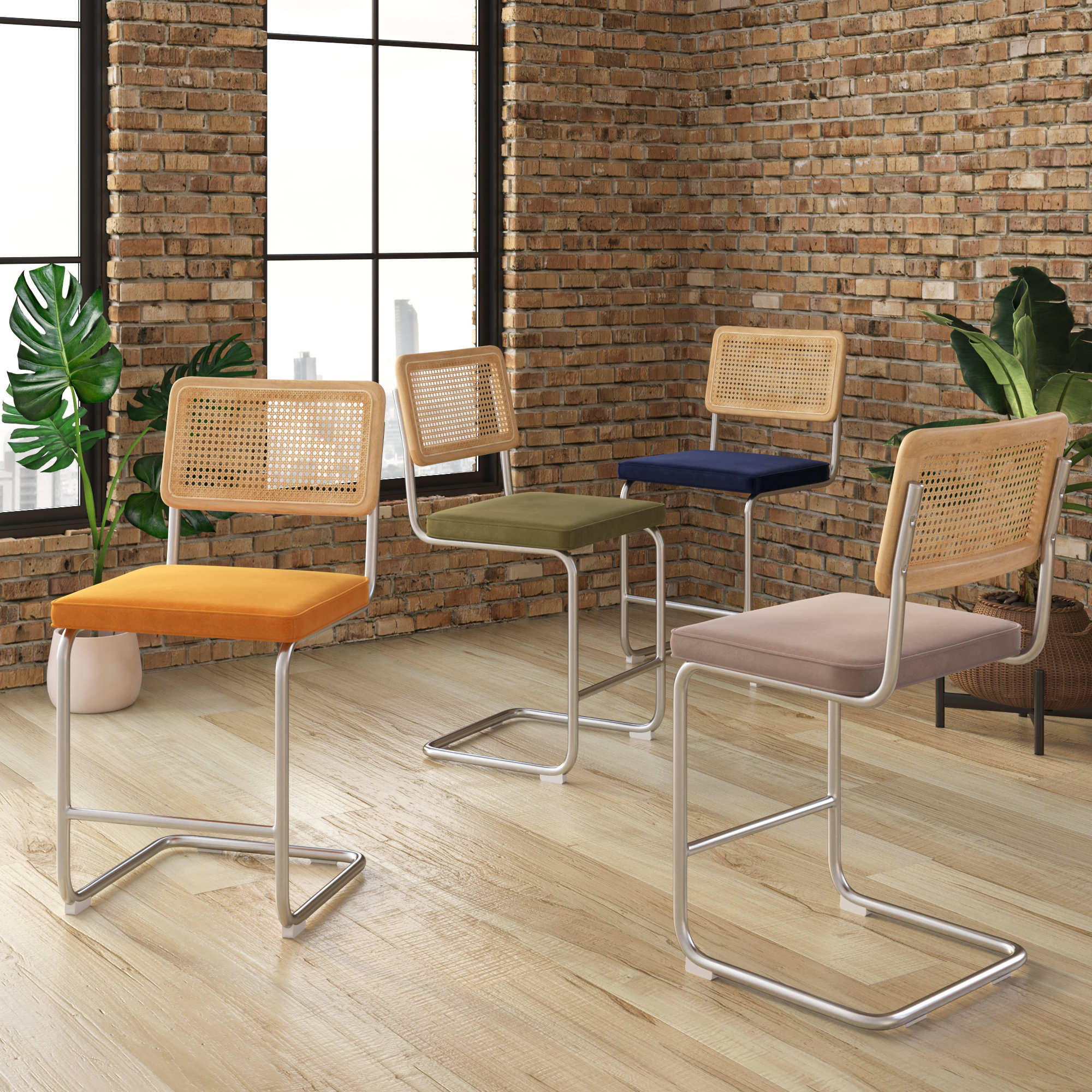 Walsh Velvet Bar & Counter Stool, Bar Stool (29” Seat Height), Olive