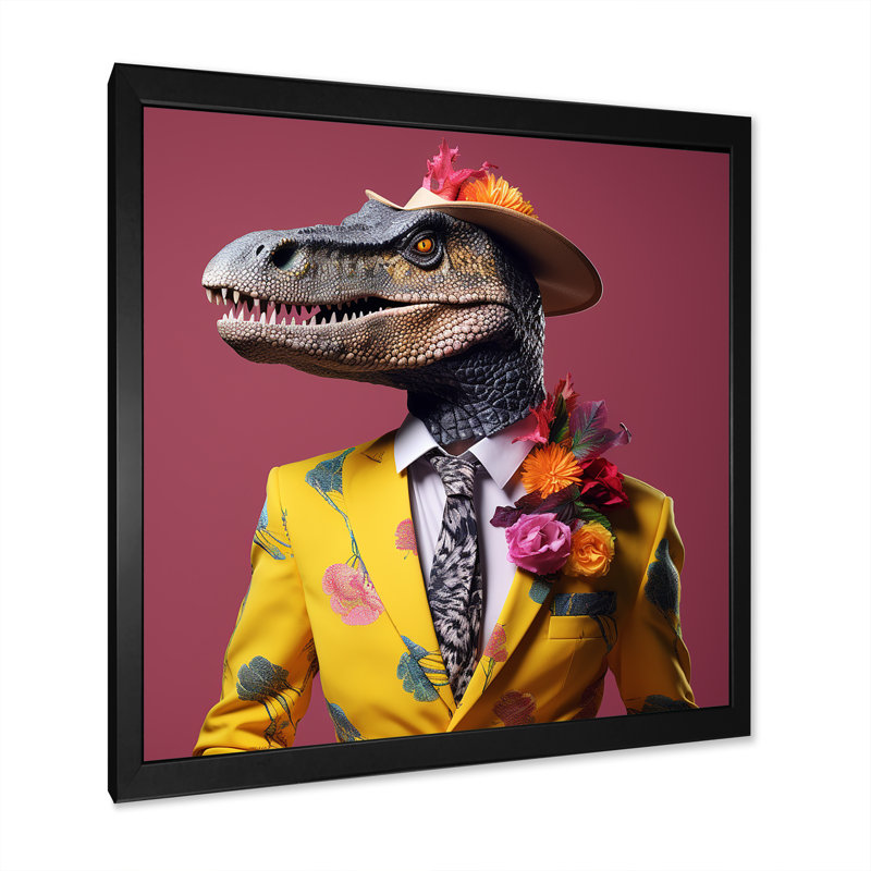 Dinosaure rose et jaune en costume - art de mur de dinosaure, Cadre simple noir, H 36 po x l 36 po x P 1,5 po