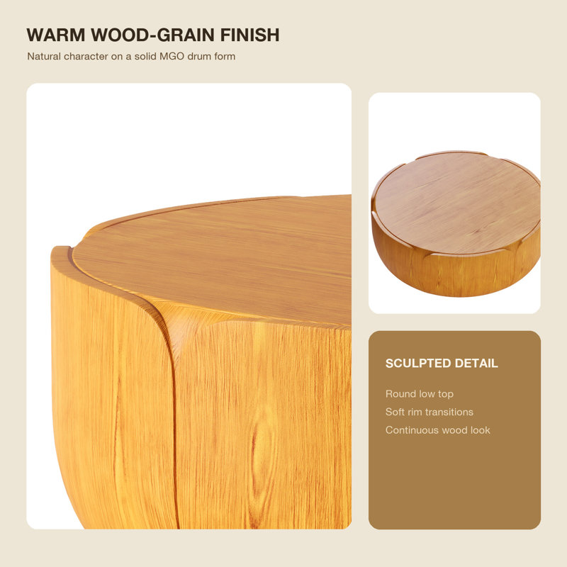 Table basse d'intérieur ronde 35,63 po, table basse centrale à grain de bois moderne, robuste MGO (oxyde de magnésium) imperméable, table sans assemblage pour patio, jardin, cour arrière, salon (couleur bois)