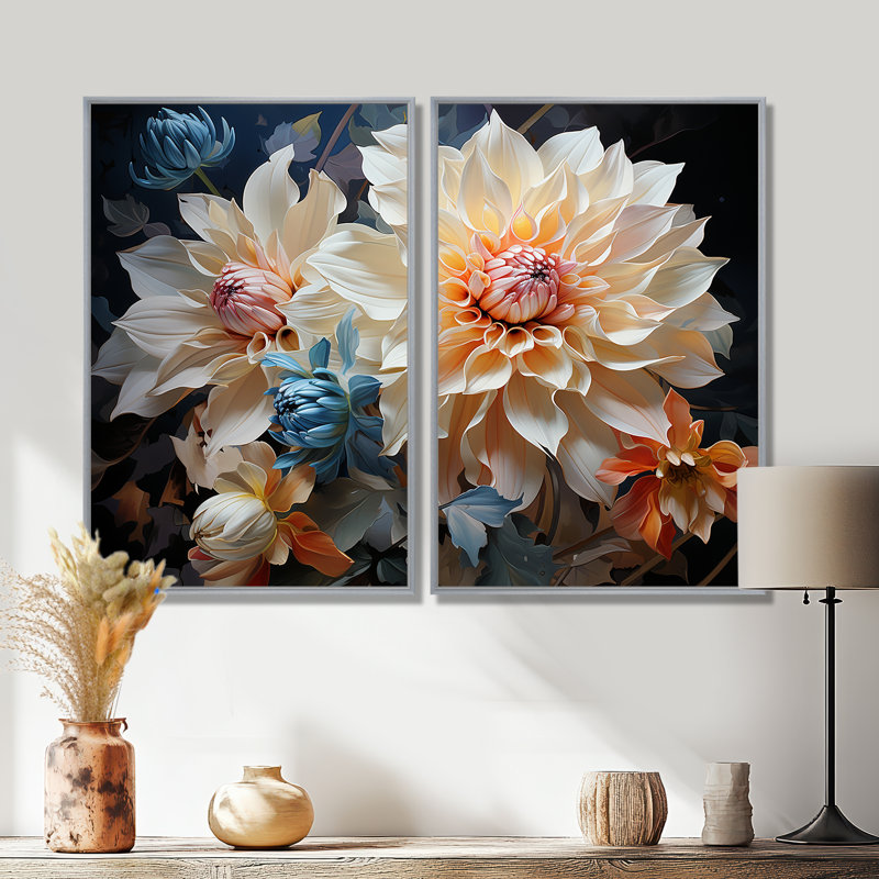 Dahlia's Colorful Symphony - art mural sur toile blanche, Impression encadrée flottante, Silver, 36" H x 48" W