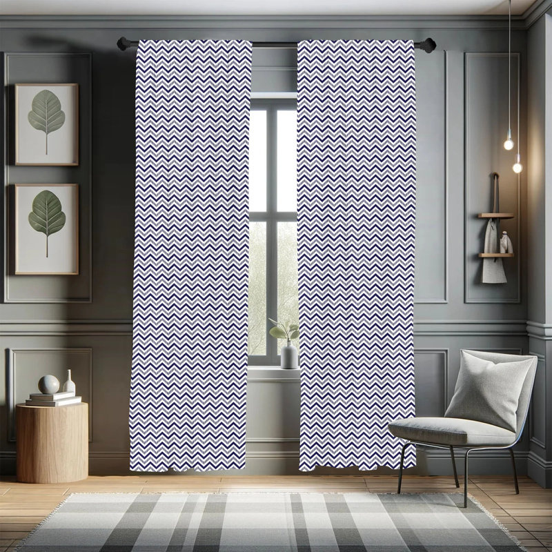 Navy Blue and White Chevron Microfiber Curtain Set, 28" x 63"