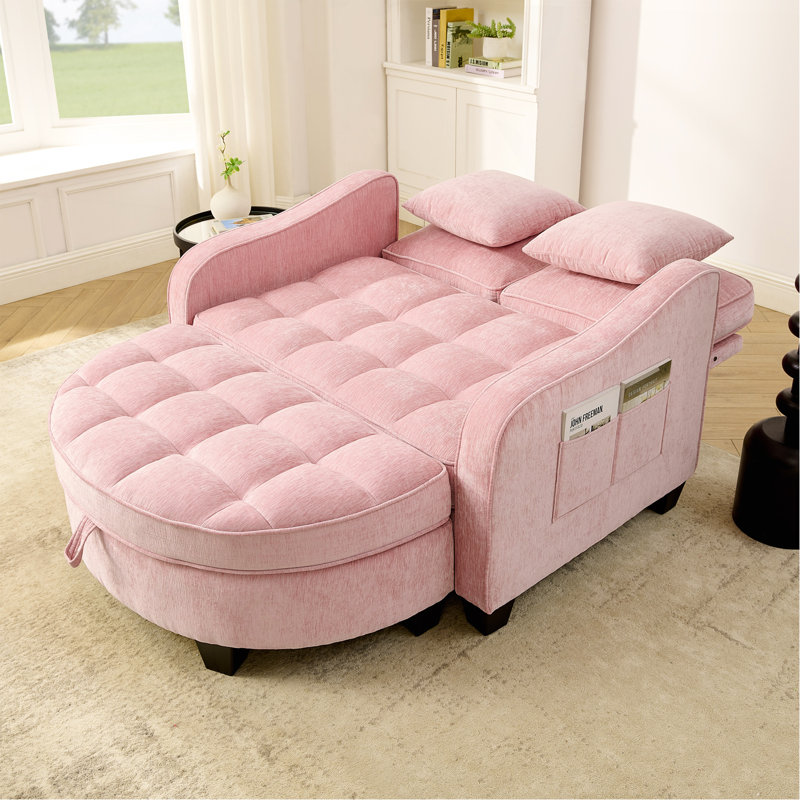 Canapé à deux places, canapé-lit double avec accoudoirs et dossiers irréguliers, repose-pieds avec espace de rangement, deux petits coussins décoratifs, convient au salon et à la chambre à coucher - rose