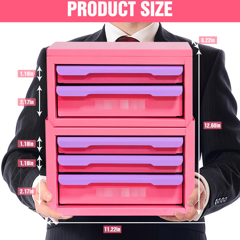 Boîte de rangement à cinq tiroirs de couleur rose-mauve pour l'organisation à la maison, structure en acier laminé à froid, facile à nettoyer et à entretenir, bureau idéal avec cinq tiroirs, rangement pour articles de bureau cosmétiques,