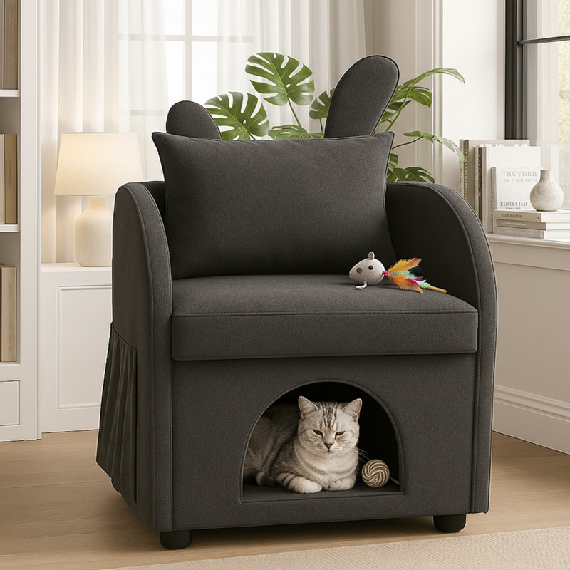 Méridienne pour chat avec rembourrage en velours, Noir anthracite