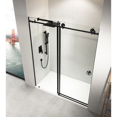 Porte de douche coulissante en verre transparent 60 po L x 76 po H, fini noir mat - Ouverture facile à gauche ou à droite, roulettes silencieuses, matériaux de qualité, système de séparation d'eau coulissant, construction