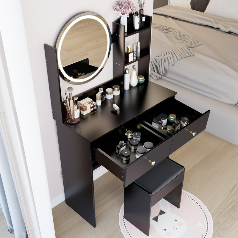 17" Round Led Vanity Table And Cushioned Stool , Touch - Operated 3 Color Lighting With Adjustable Brightness, Large Mirror Multi Layer Storage, Ideal For Small Home Spaces, American Inspired Look,