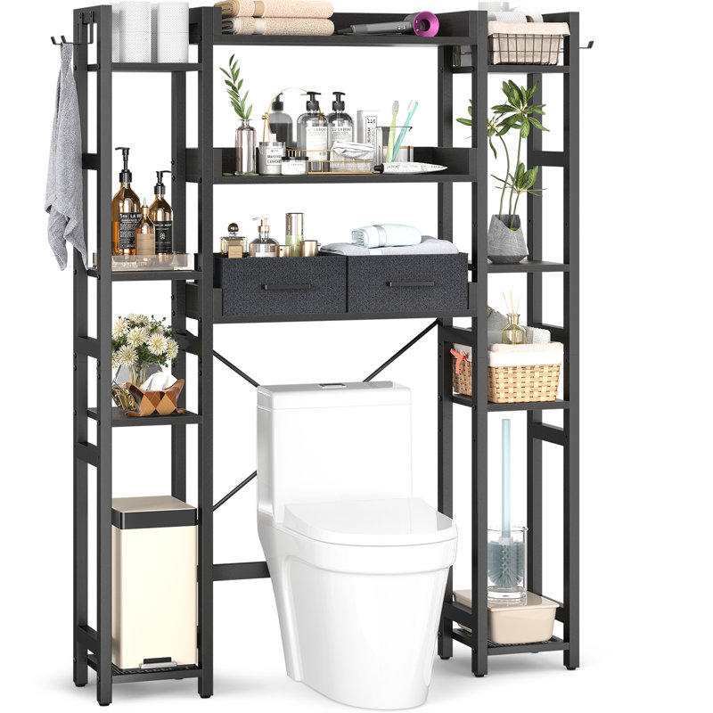 11 Tier Over The Toilet Storage Cabinet With 2 Drawers, Bathroom Organizer With Adjustable Shelf, Black
