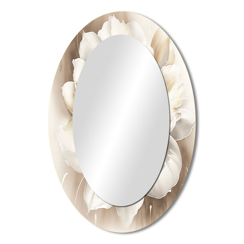 Simple fleur beige II - grand miroir mural ovale sur métal, 36 po x 24 po