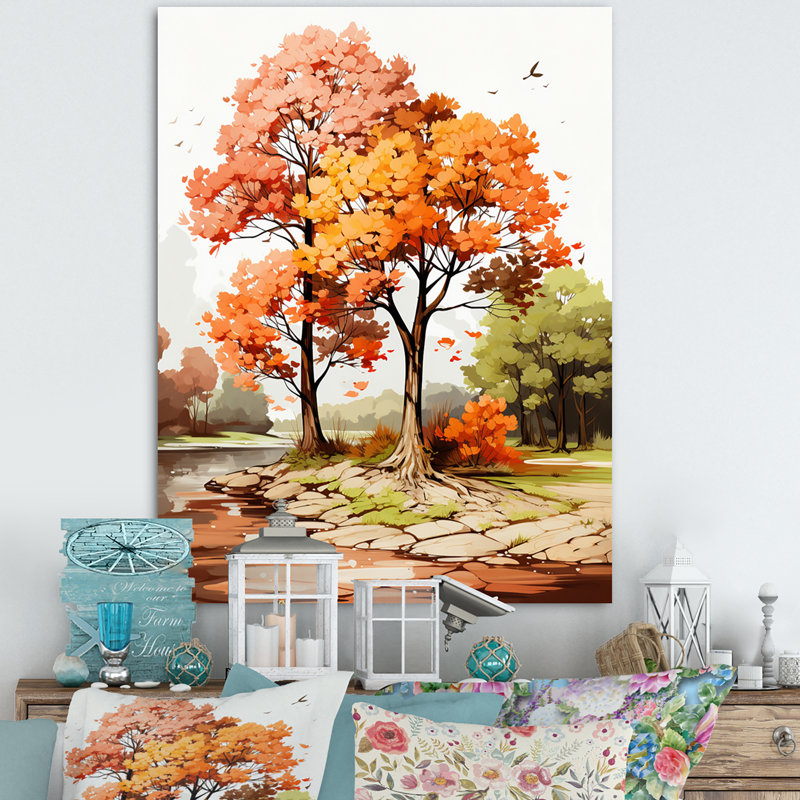 " Two Orange Trees In Autum Watervolor ", 44" H x 34" W, Wrapped Canvas