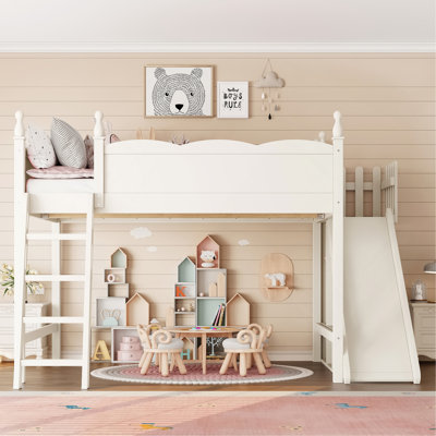 Grand lit mezzanine avec tablettes de rangement et garde-robe, lits mezzanine en bois massif avec glissières amovibles et échelles, aucune boîte à ressorts nécessaire