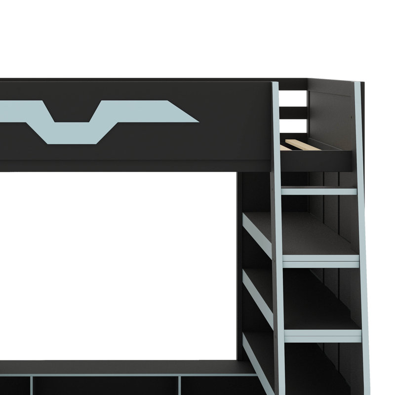 Lit mezzanine en bois pleine grandeur, livré avec un bureau, plusieurs tablettes de rangement, une lumière RVB réglable et une table