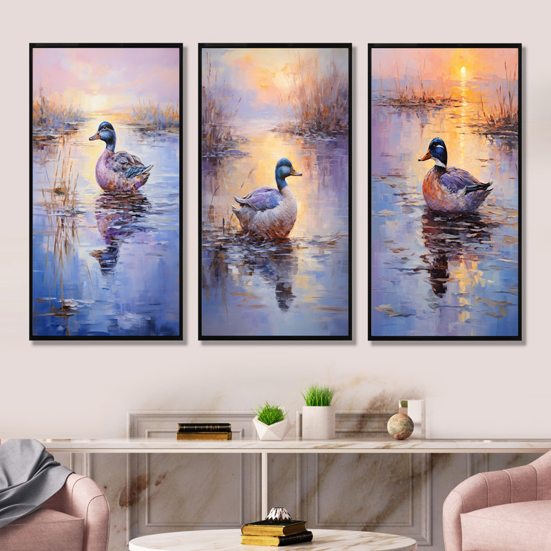 «Twilight Duck At The Lake I», ensemble de 4 reproductions d'art sur toile, H 40 po x l 60 po, Cadre flottant noir