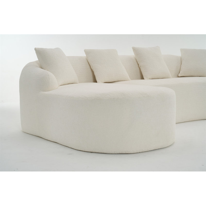 Chumenti Fabric Upholstered Curved L-Shape Sofa, 28" H x 99" W x 23" D, White Chenille