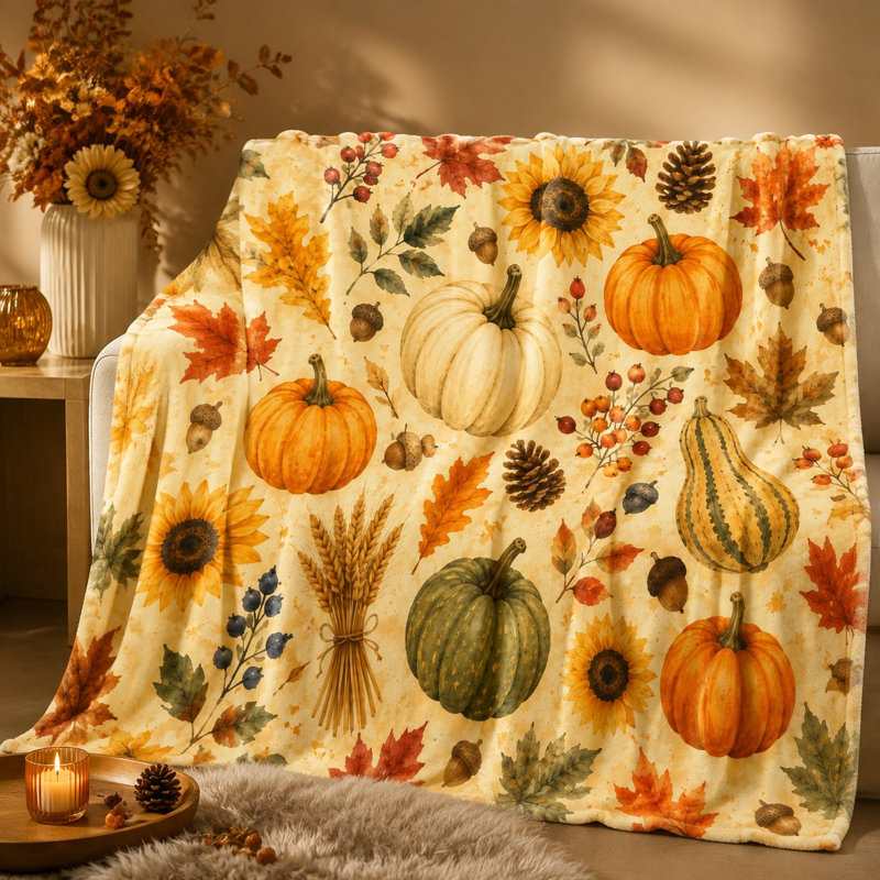 Couverture Cozy Autumn Harvest, jeté en molleton chaud pour canapé-lit, couverture de camping extérieure décorative