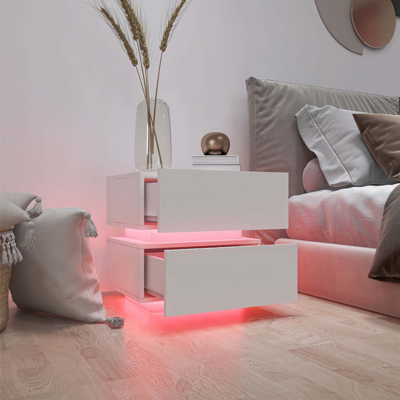 High Glossy 2 Drawers Bedside Table With RGB Led Light Nightstand With Bluetooth Control