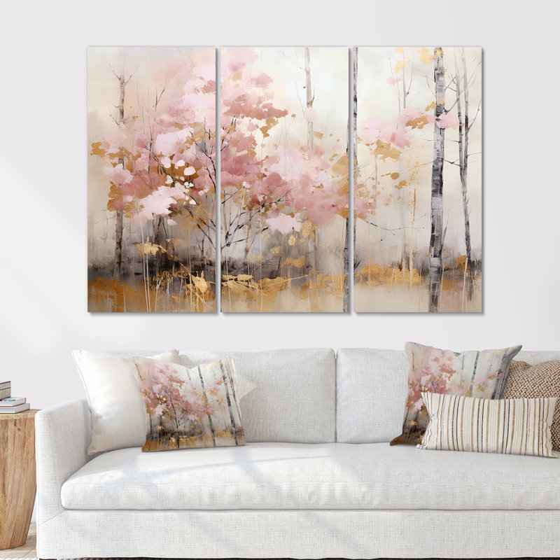 Minimalisme, forêt rose et or - ensemble d'art mural sur toile forêt, H 28 po x l 36 po x P 1 po, Toile tendue