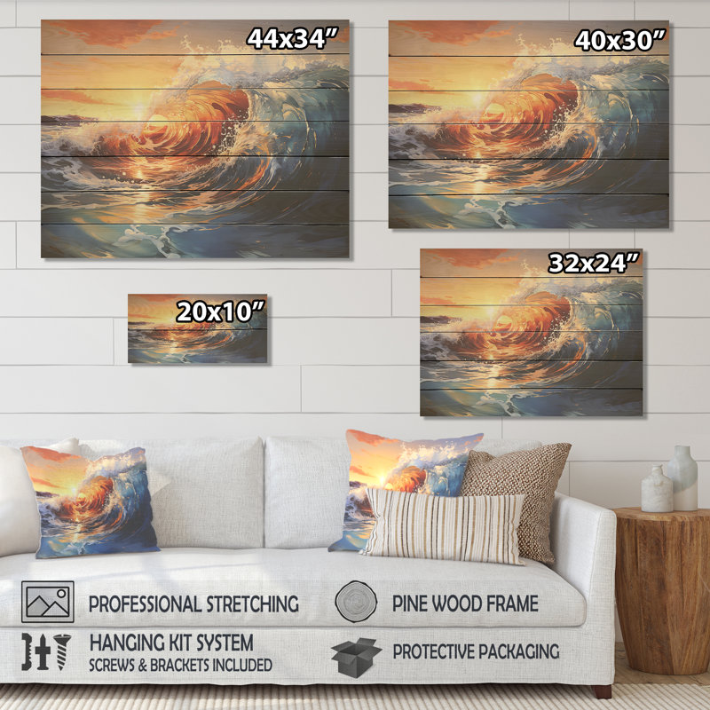Blue and Orange Sunrise Waves III - vagues côtières sur bois, H 30 po x l 40 po x P 0,78 po