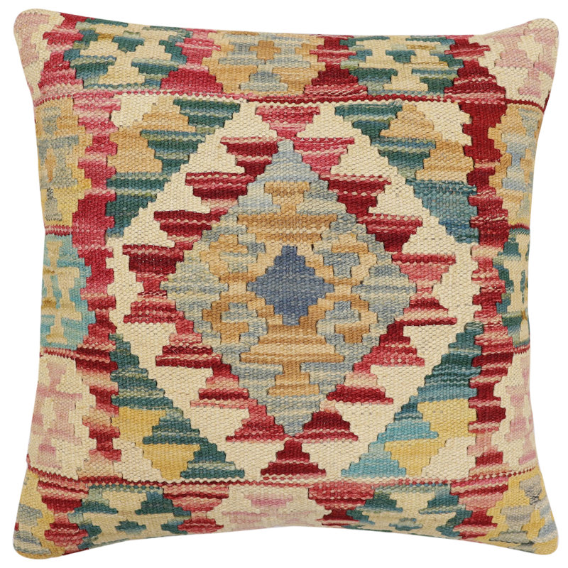 Oreiller rustique en kilim tissé à la main Caballer - 17 po x 18 po Rustic, H 18 po x l 19 po, Rouge / bleu / beige / brun