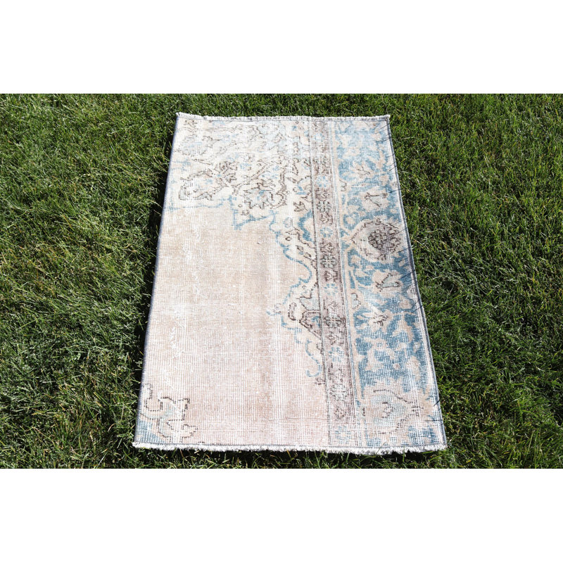 Tapis turc beige en laine tissé à la main Oushak