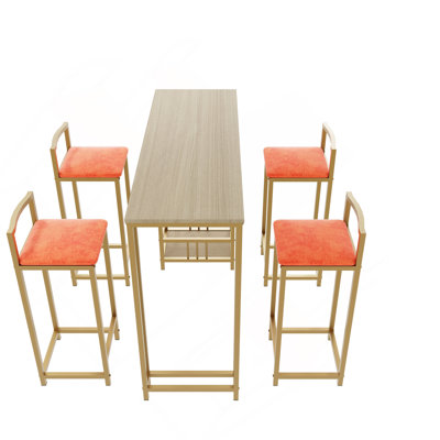 Bar Table And Chair Five Piece Set, Gold Frame, Multi-Layer Tabletop, Chair Cushion And Backrest Made Of Sponge, Table With Storage Function (Gold+Brown+Orange)