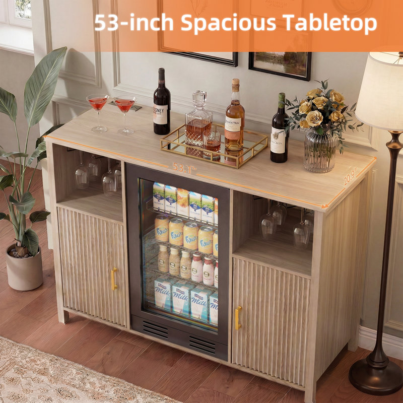 53" Wine Bar Cabinet with Fluted Texture, Modern Buffet Sideboard with Fridge Space and Glass Holder, Liquor Coffee Station with Storage for Kitchen, Living Room, Home Bar