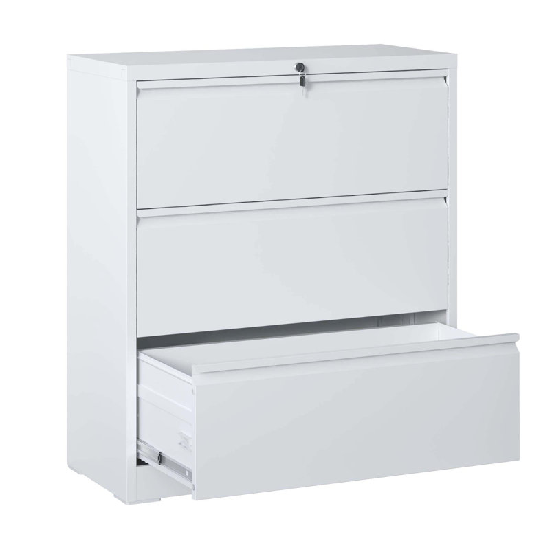 35.4 Inch Wide White 3 Drawer Lateral File Cabinet, Locking Heavy Duty Metal Home Office Filing Cabinet