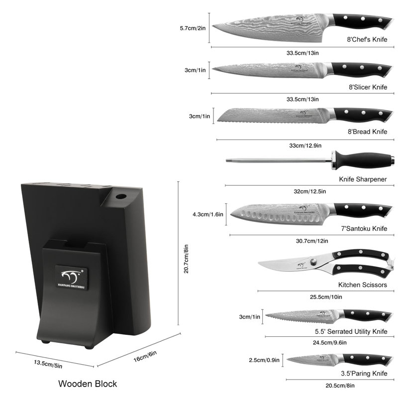 9PCS Damascus Chef Knife Set with Wooden Block, Gray