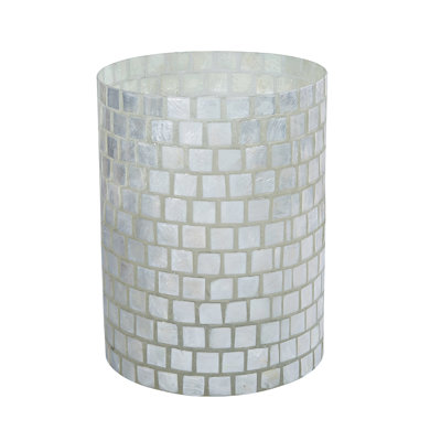 Natural Tiled All Capiz Round Waste Basket 11x8"