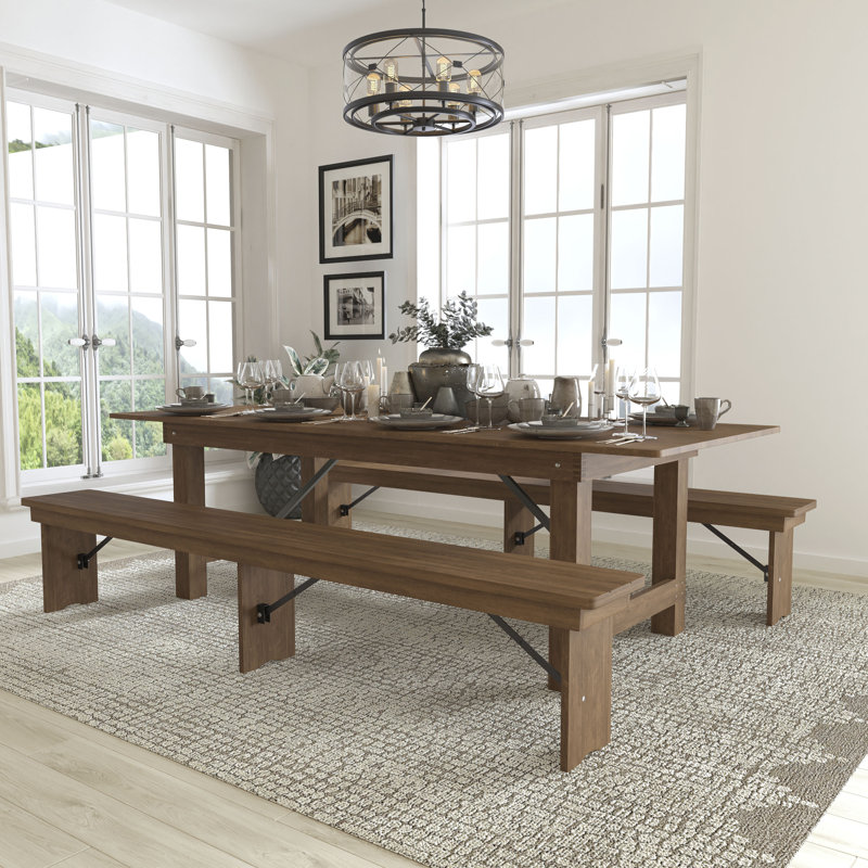 Dejon 8' x 40" Antique Rustic Folding Farm Table and Two Bench Set, 30"H x 96"L x 40"W, Brown