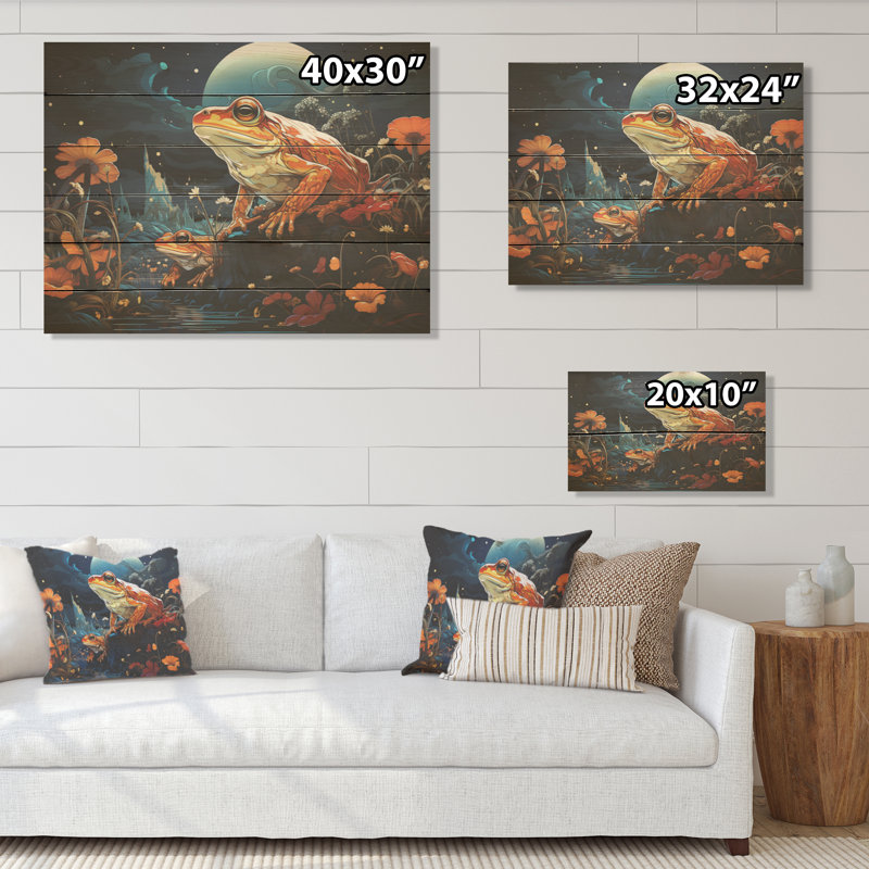 Art mural grenouille cosmique - grenouilles et crapauds sur bois de pin naturel, H 24 po x l 32 po