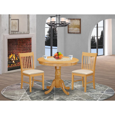 3 Piece Kitchen Table Set for Small Spaces Contains a Round Dining Room Table with Pedestal and 2 Linen Fabric Upholstered Chairs, 36x36 Inch, Oak
