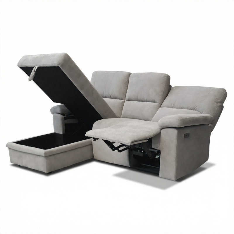 Right-facing Chaise Corner Sofa with Storage and Recliner Seat, Grey, 41" H x 80" W x 35" D
