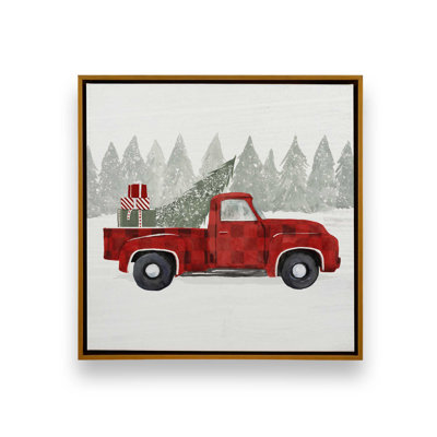 Red Truck Christmas Tree Pickup Print on Canvas in a Polished Chrome Frame