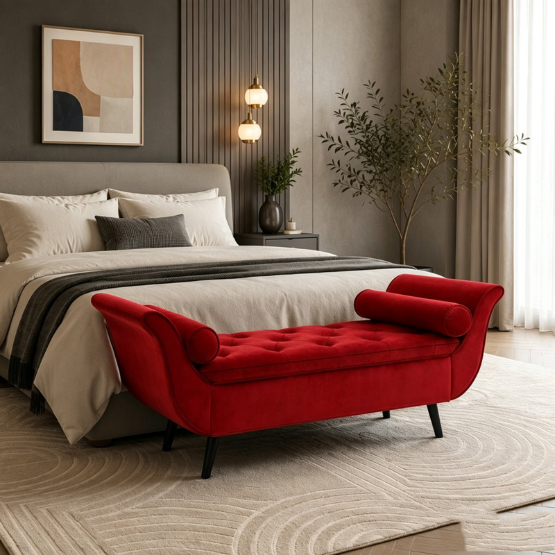 Banc de rangement en velours 66 po avec design rétro, Rouge
