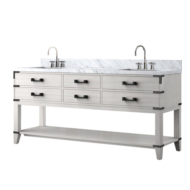 Meuble-lavabo double en chêne blanc 72 po - comptoir et robinet en marbre, fermeture en douceur, options de rangement adéquates x P 22 po avec vaste espace inclus