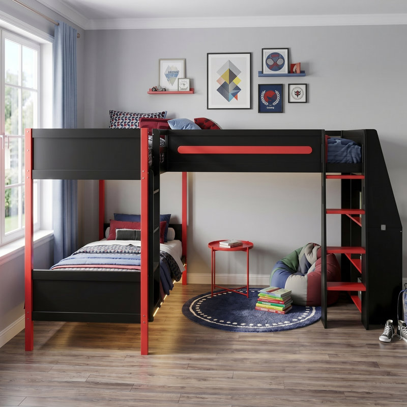 Lit superposé simple en L avec lit de mezzanine pour 3 personnes, bureau intégré, tablettes et DEL, cadre en bois de pin et en panneau de fibres à densité moyenne, noir et rouge