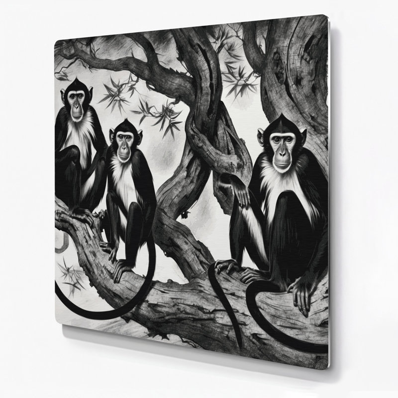 Faune, noir et blanc, colobe, art mural en métal gris, 16" H x 16" W