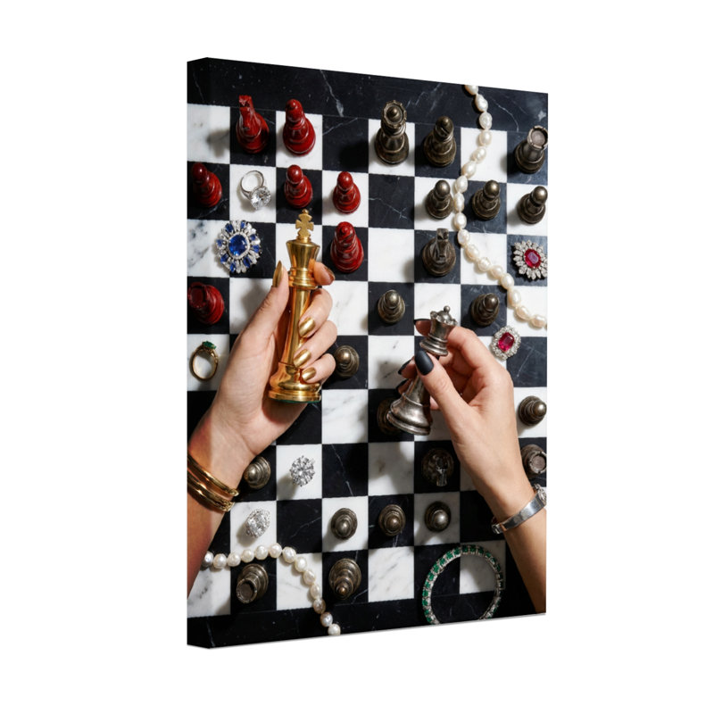 Échiquier abstrait avec bijoux et mains, H 18 po x l 12 po