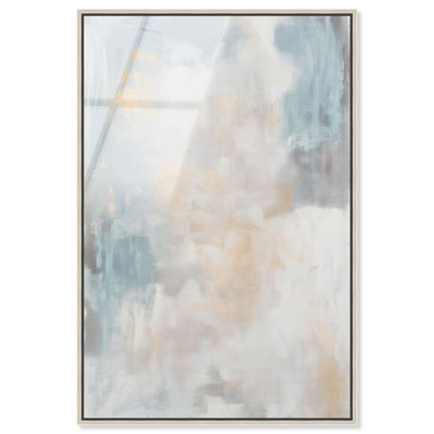 «Blue and Beige II» encadré en verre acrylique ultrabrillant Boho minimaliste par Art Remedy, cadre argenté, 24 x 36
