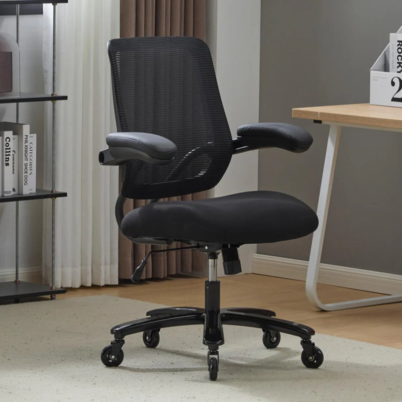 Chaise de bureau ergonomique robuste avec support lombaire et accoudoirs rabattables, Noir, Sans repose-tête