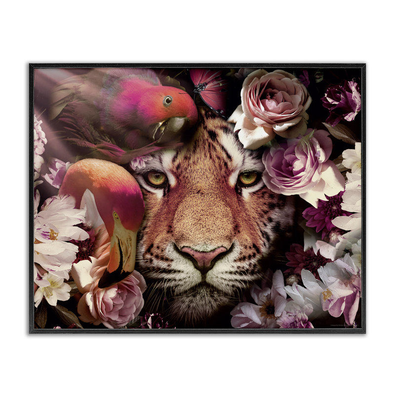 Oiseaux tropicaux et tigre, art giclée par Reinders, H 11 po x l 14 po, Giclée encadrée noir minuit
