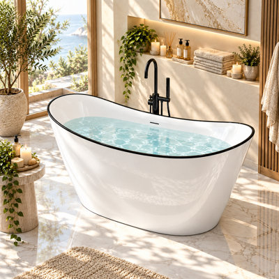 63" Modern Freestanding Acrylic Soaking Bathtub, Glossy White Deep Tub with Black Accent Edge, Linear Overflow and Coordinating White Drain for Contemporary Bathroom